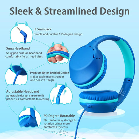 POWMEE P20 Kids Headphones for School, Kids/Teens/Boys/Girls with Safe 94dB Volume Limited, 3.5mm Jack Wired Cord Over-Ear for Fire Tablets/Travel/PC/Phones(Blue)