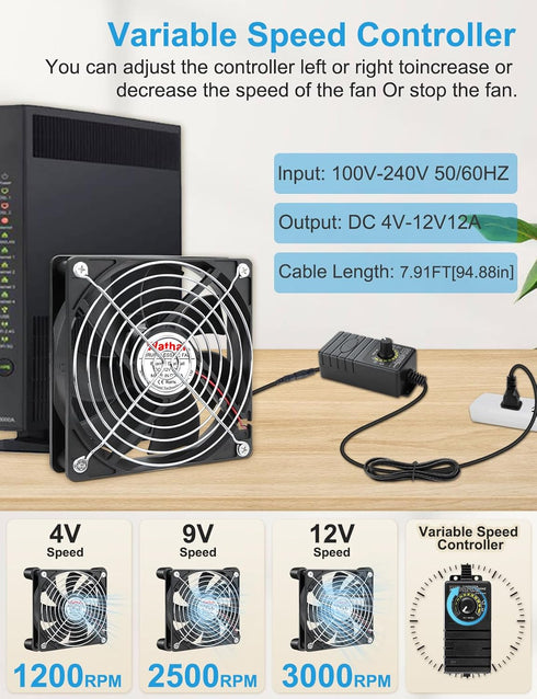 Wathai 120mm x 25mm Waterproof Small Box Fan IP67 12V with AC Plug Speed Controller for Biltong Box, Aquarium