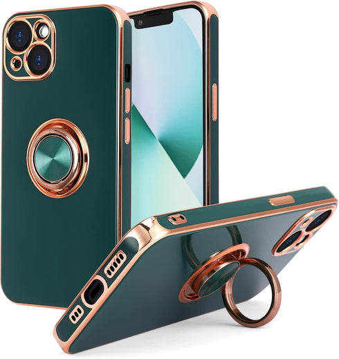 Design for iPhone 13 Case, 360° Rotatable Ring Holder Magnetic Kickstand, Soft Silicone Ultra Slim Edge Plating 6.1 Inch