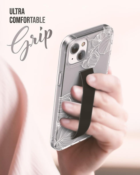 ENCASED iPhone 14 Finger Loop Case with Strap Grip & Screen Protector - Clear/White Lace Leaf Design