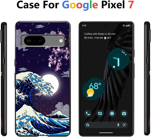 Google Pixel 7 Case - Compatible with Japanese Wave Cherry Blossom Moon Pattern - Soft TPU Shockproof Anti-Scratch 6.3"