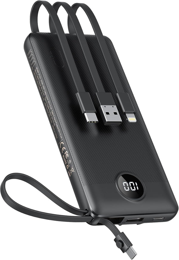 VEEKTOMX 10000mAh Portable Charger with Built-in Cables, Slim Fast Charge USB C Battery Pack for iPhone 15/14/13,