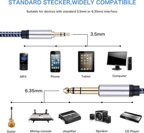 Tiierzon 1/8 to 1/4 Stereo Cable 6Ft, 6.35mm Male to 3.5mm Male TRS Bidirectional Audio Cable for Guitar, Speakers