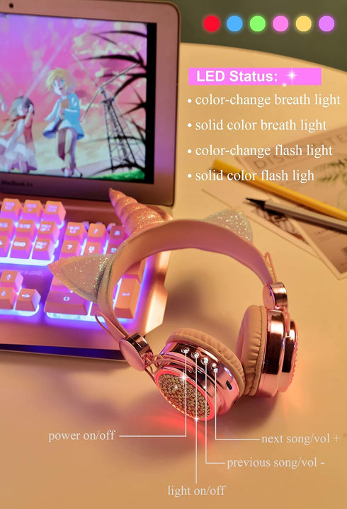 Kids Headphones Bluetooth Wireless, Unicorn LED Lights Girls Headsets with Microphone, 10 Hours 5.0 Bluetooth for Kids