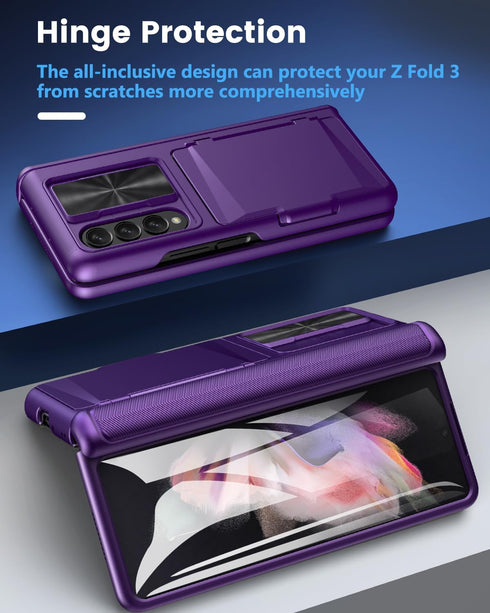 Viaotaily Dark Purple Case for Samsung Galaxy Z Fold 3 with Card Holder & Slide Camera Cover, Built-in Screen Protector