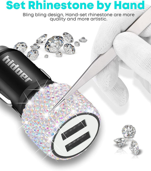 Bling USB Car Charger, 5V 2.4A Dual Port Fast Adapter with 4ft Nylon Type C Micro USB Charging Cable