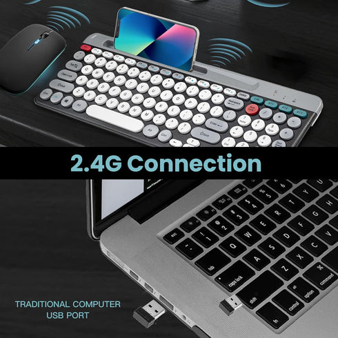 Keyboard Mouse Set, Dual Mode Bluetooth Combo with Vintage Round Keycaps for Gaming