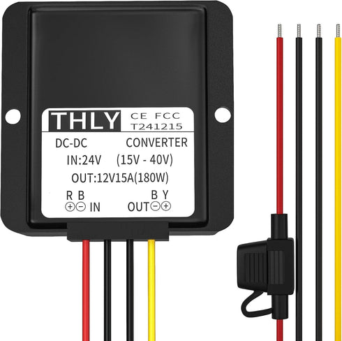 24V to 12V Voltage Converter, 15A 180W DC Transformer with Fuse Waterproof for Golf Cart, LED Light, Solar System