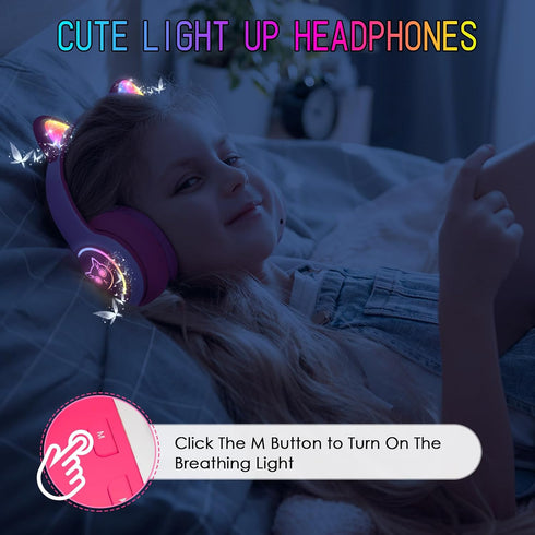 IFECCO Kids Bluetooth Headphones with Microphone, Cute Light Up Cat Ear Wireless Volume-limiting for Travel