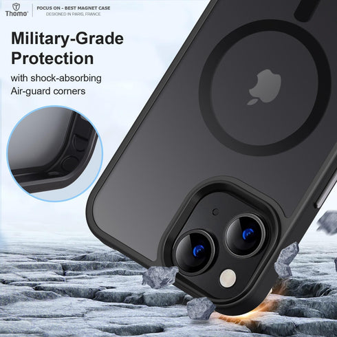 Thomo iPhone 13/14 Case - Strong Magnetic, 10FT Drop Resistant, Matte Skin, Aluminum Alloy Keys, Black, Compatible with