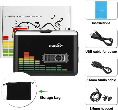 BlumWay Cassette MP3 Cassette MP3 Cassette USB to Converter, Portable Tape Player to Format, Audio Music Tape