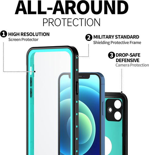 BEASTEK NRE Series Waterproof Case for iPhone 12 Mini, Shockproof Dustproof IP68 with Built-in Screen Protector, Teal