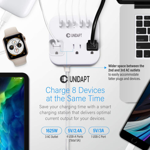 Unidapt European Plug Adapter, US to UK Europe Power Strip with 4 USB Ports, 3 AC Outlets, 5ft Extension Cord, Wall