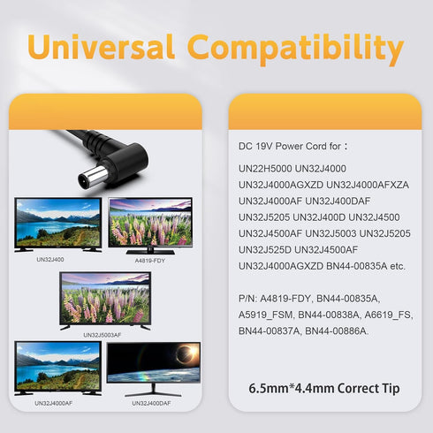 19V Power Cord Compatible with Samsung TV 32" Models UN32J4000, UN32J5205, A4819-FDY, BN44-00835A Power Supply