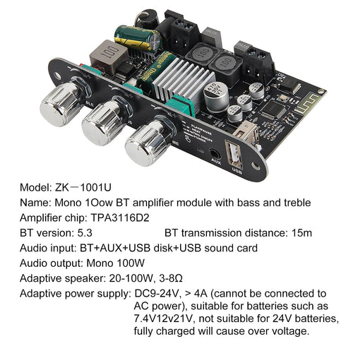 AITRIP 2Pcs ZK-1001U 100W 9-24V Mono Amplifier Board with TWS,Mini Audio Amps with Boost with Power Output, Treble