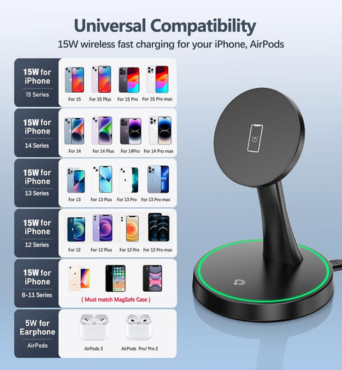 Magnetic Wireless Charger Stand - 15W Fast Mag-Safe Charger for iPhone 15/15 Pro/15 Plus/15 Pro Max/14/13/12 Series,