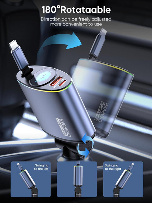 Topume 60W Fast Charging Retractable Car Charger, 2.9FT Cable for iPhone with Colorful Ambient Lighting, Galaxy