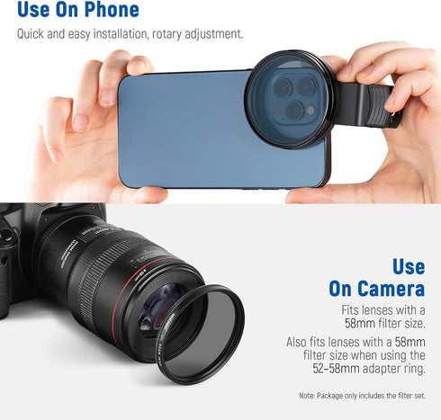 NEEWER 58mm Lens Filter Kit with Mobile Phone Lens Clip, CPL, ND32, 6 Point Star Filter, 4 Graduated Filters for iPhone