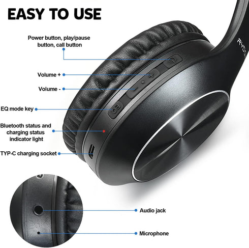 Bluetooth Headphones Over Ear, 68H Playtime, 3 EQ Music Modes, Wireless Headphones with Microphone, Deep Bass