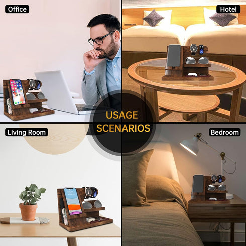 Wooden Phone Docking Station Organizer for Dad Birthday Gifts, Nightstand Organizer, Desk Organizer Wood Gifts for Men
