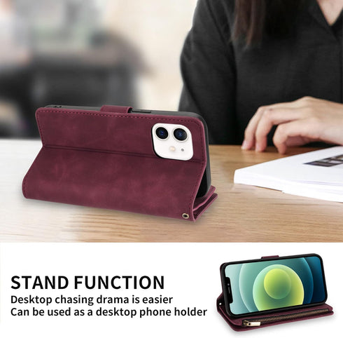 ZZXX iPhone 12 Mini Wallet Case with Card Slot - Premium Soft PU Leather Zipper Flip Folio, Wine Red