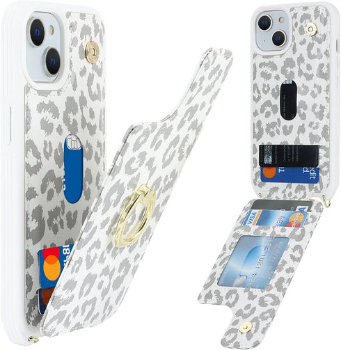 iPhone 15 Case with Card Holder and Strap for Women, Crossbody Lanyard, Ring Stand, Cute Phone Wallet Cases 6.1 inch -