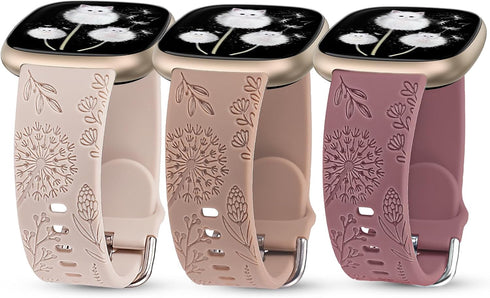 Minyee 3 Packs Floral Engraved Band for Fitbit Versa 4/3/Sense 2, Soft Silicone Dandelion Pattern Strap