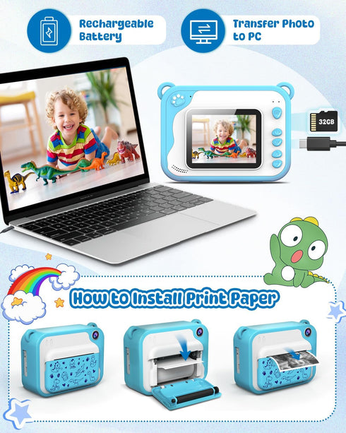 Instant Print Kids Camera, Ink Free Printing Dinosaur Camera for Ages 3-12, Christmas Gifts, Blue