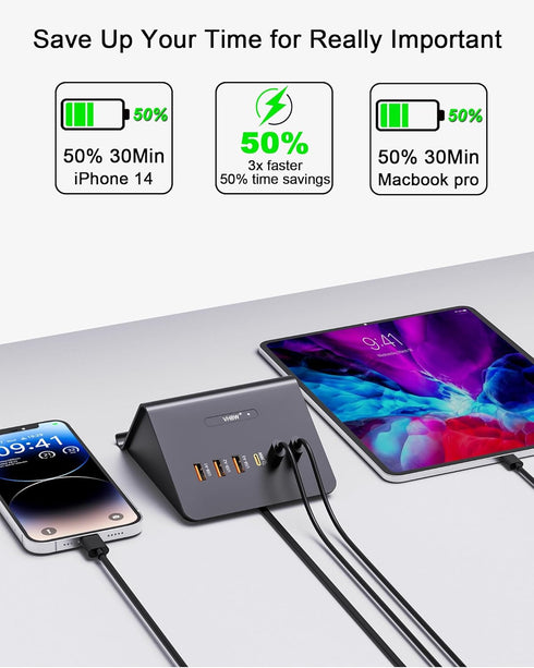 Multi-Device Charging Station, 100W GaN 6-Port USB C Charger Hub with 45W PD Wall Adapter & 15W Wireless Charger,