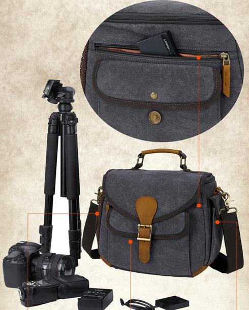 peacechaos Crossbody Shoulder Messenger Bag, Vintage DSLR/SLR/Mirrorless Camera Bag for Canon/Nikon/Sony (Black)