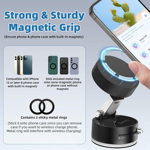 Easvorix 17 Vacuum Magnetic Phone Holder with Metal Ring Compatible with iPhone All Phone, Portable Universal