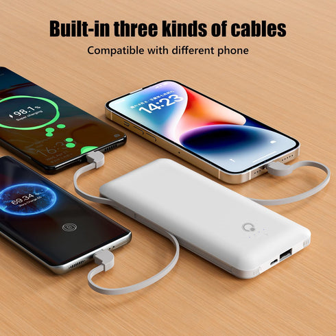 Portable Charger with Built-in Cables and AC Wall Plug,Slim USB C Power Bank 10000mAh,External Battery Pack Compatible with iPhone,Samsung,Tablet and All Smart Phones …