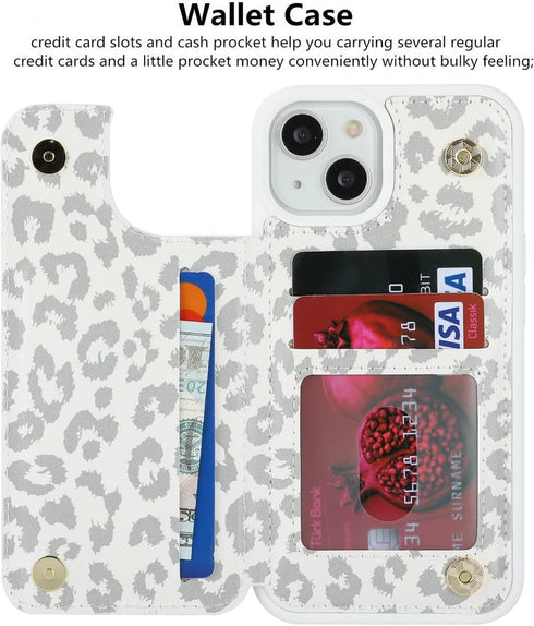 iCoverCase iPhone 13 Phone Case with Card Holder, RFID Blocking PU Leather Protective Case for iPhone 13, Gray Leopard