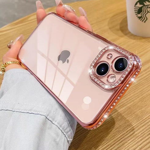 Luxury Pink Clear Glitter Case for iPhone 15 Plus 6.7", Bling Diamond Rhinestone, Soft TPU Bumper, Camera Protector.