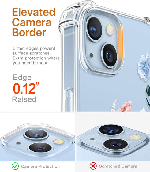 GVIEWIN iPhone 14 Plus Case, Floral Design, Soft Slim Clear, Shockproof, with Screen & Camera Lens Protectors, 6.7"