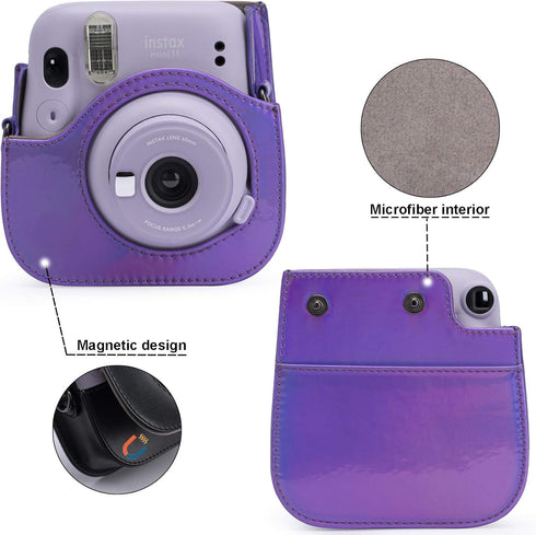 Frankmate PU Leather Camera Case for Fujifilm Instax Mini 11 12, Adjustable Strap and Pocket (Magic Purple)