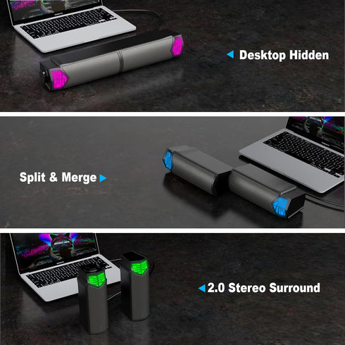 Smalody Computer Speakers for Desktop Gaming Monitor, RGB Lights, 2 in-1 Bluetooth Soundbar, USB Powered