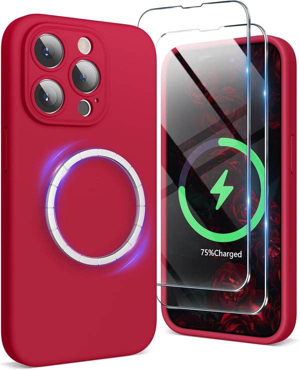 SURPHY iPhone 15 Pro Max Case (6.1 inch, 2023) - Liquid Silicone, MagSafe Compatible, Red + 2 Pack Screen Protector.