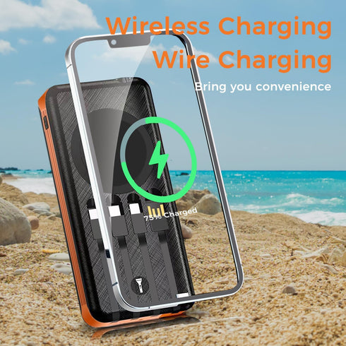 Outdoor Solar Portable Power Bank with Wireless Charging, 10000mAh Battery, IP65 Waterproof, LED Flashlight
