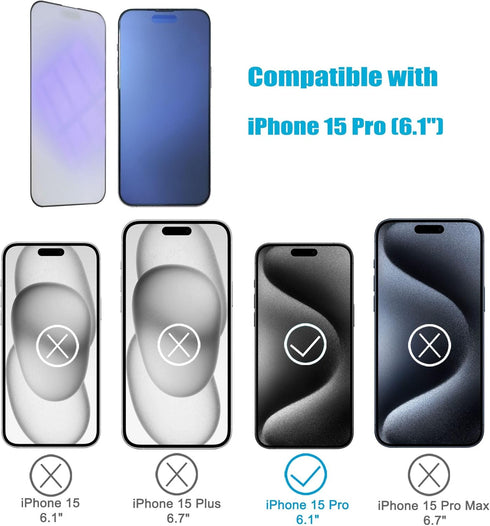 2-Pack Anti-Blue Light Matte Screen Protector for iPhone 15 Pro, Blue Light Blocking Tempered Glass Film 6.1", Full
