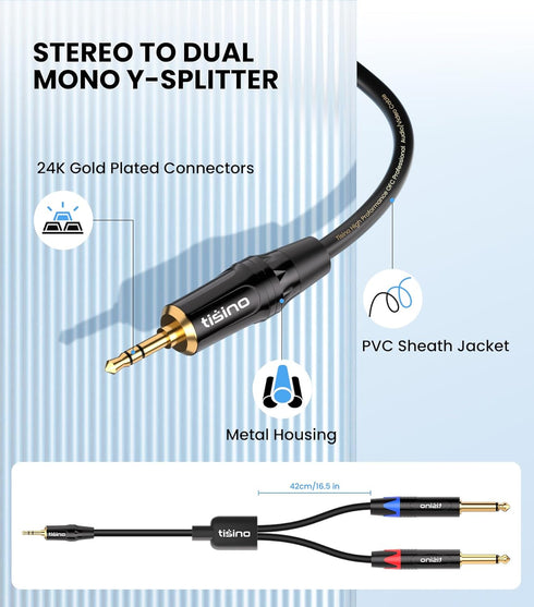 tisino 1/8 to 1/4 Stereo Cable, 1/8 Inch TRS Stereo to Dual 1/4 inch TS Mono Y-Splitter Cable, 3.5mm Aux Mini Jack to