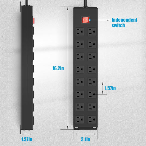 HHSOET Metal Power Strip 16 Outlet Mountable, Wall Mount Garage Workbench Socket with 6 FT Power Cord (Black)
