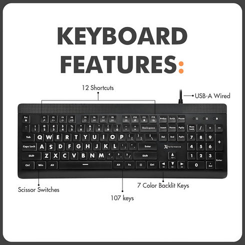 X9 Performance X9 7-Colors Large Print Backlit Computer Keyboard - Easy to See Big Letters - Lighted USB Wired Keyboard