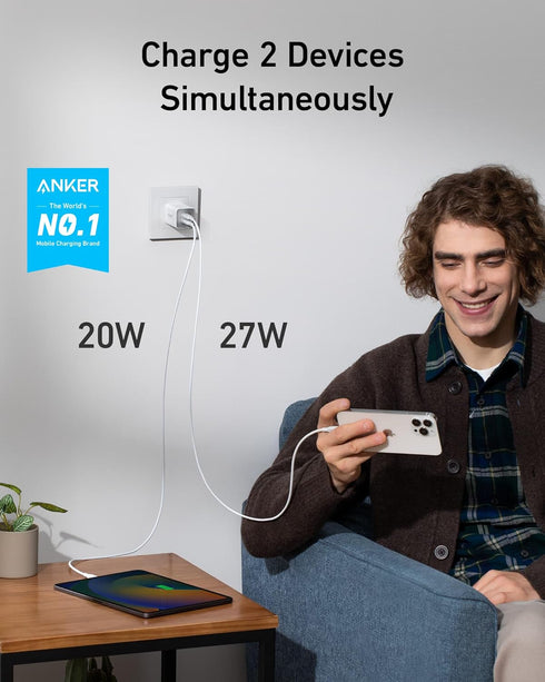 Anker Nano Charger, 47W USB C Charger, 2 Port Compact Foldable GaN Charger for iPhone 16/15 and More