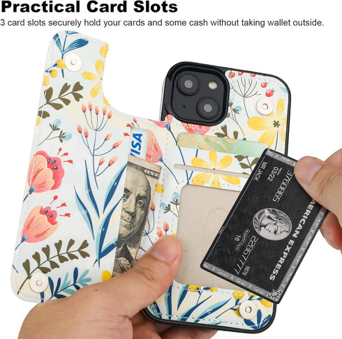 HAOPINSH iPhone 13 Case Wallet, Floral PU Leather Folio with Card Holder & Kickstand, Shockproof 6.1" for Women & Girls.