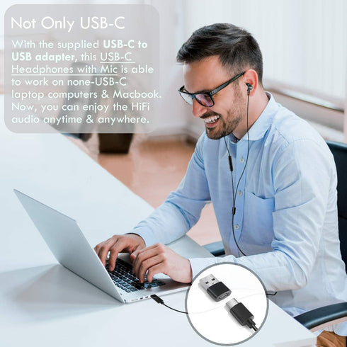 CGS-W1A USB Earbuds with USB-A to C Adapter, Clear Mic, Deep Bass, Compatible with Samsung, Laptops, Mac.