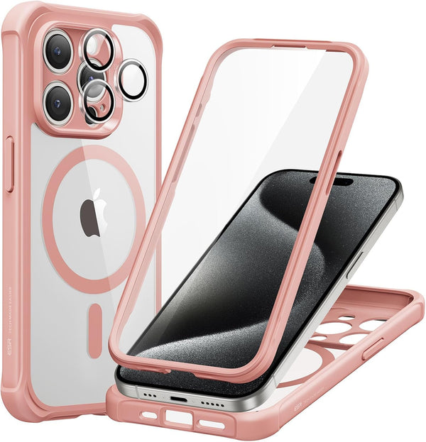 ESR iPhone 15 Pro Case Set, Individual Lens Protectors, Full-Coverage Military-Grade Protection, Clear Pink