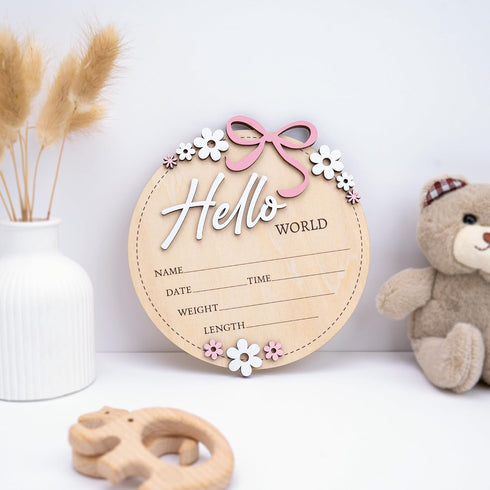 6 Inch Wooden Baby Announcement Sign Round Birth Stat Plaque with Floral and Bow Design (Hello World)