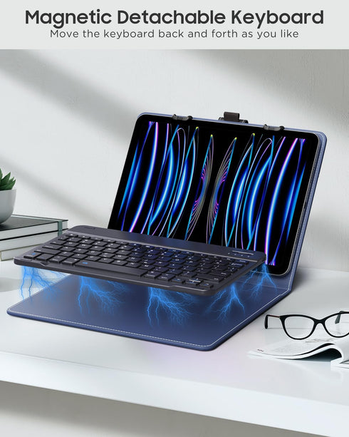 MoKo Universal Tablet Case with Keyboard for 9" - 11" Tablets, Removable Wireless Bluetooth Keyboard, Dark Blue