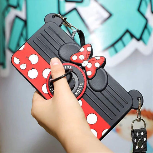 Cute for iPhone 14 Case, 3D Cartoon Camera Rotating Ring Grip Holder Kickstand Lanyard for iPhone 13, 14 - Red